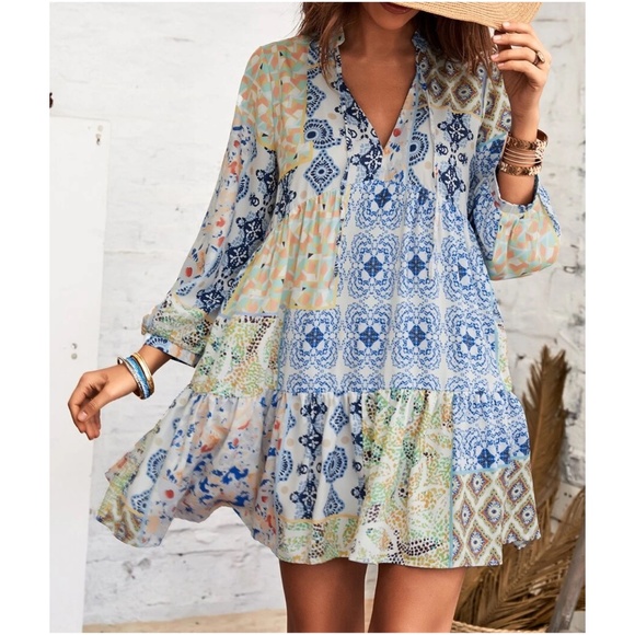 Dresses & Skirts - Boho Floral Print Pastel Ruffle Mini Dress